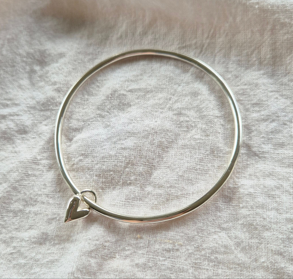 Sterling Silver Sandcast Heart Charm Bangle