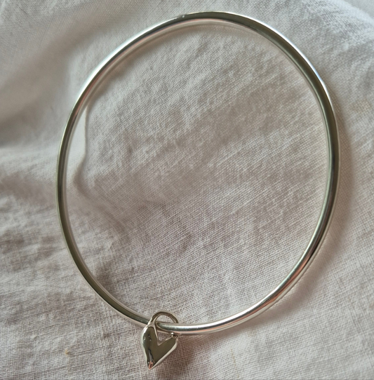 Sterling Silver Sandcast Heart Charm Bangle