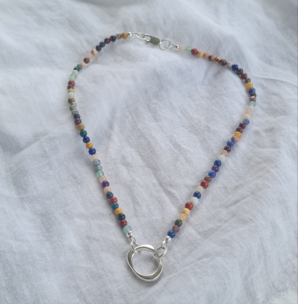 Organic Sandcast Loop Pendant with mixed Gemstones