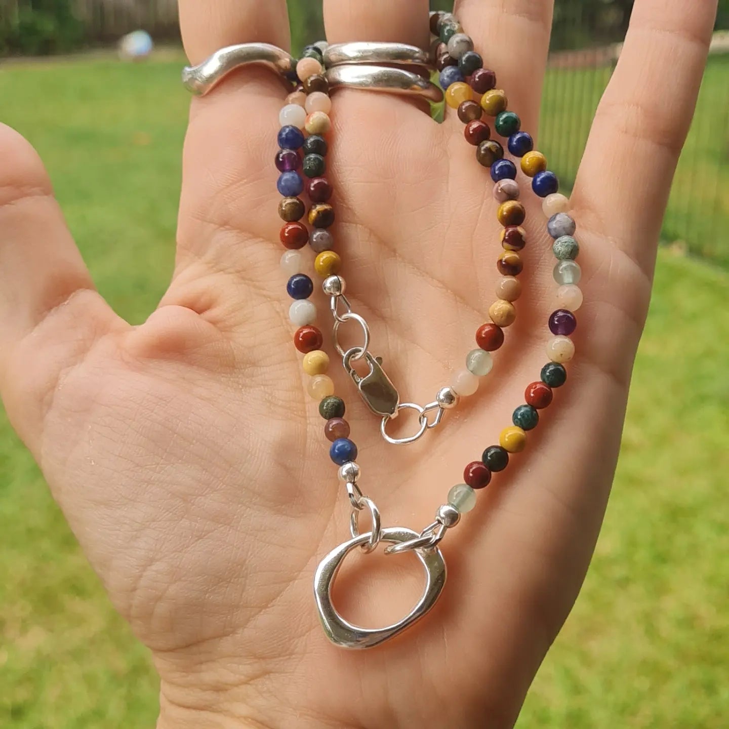 Organic Sandcast Loop Pendant with mixed Gemstones