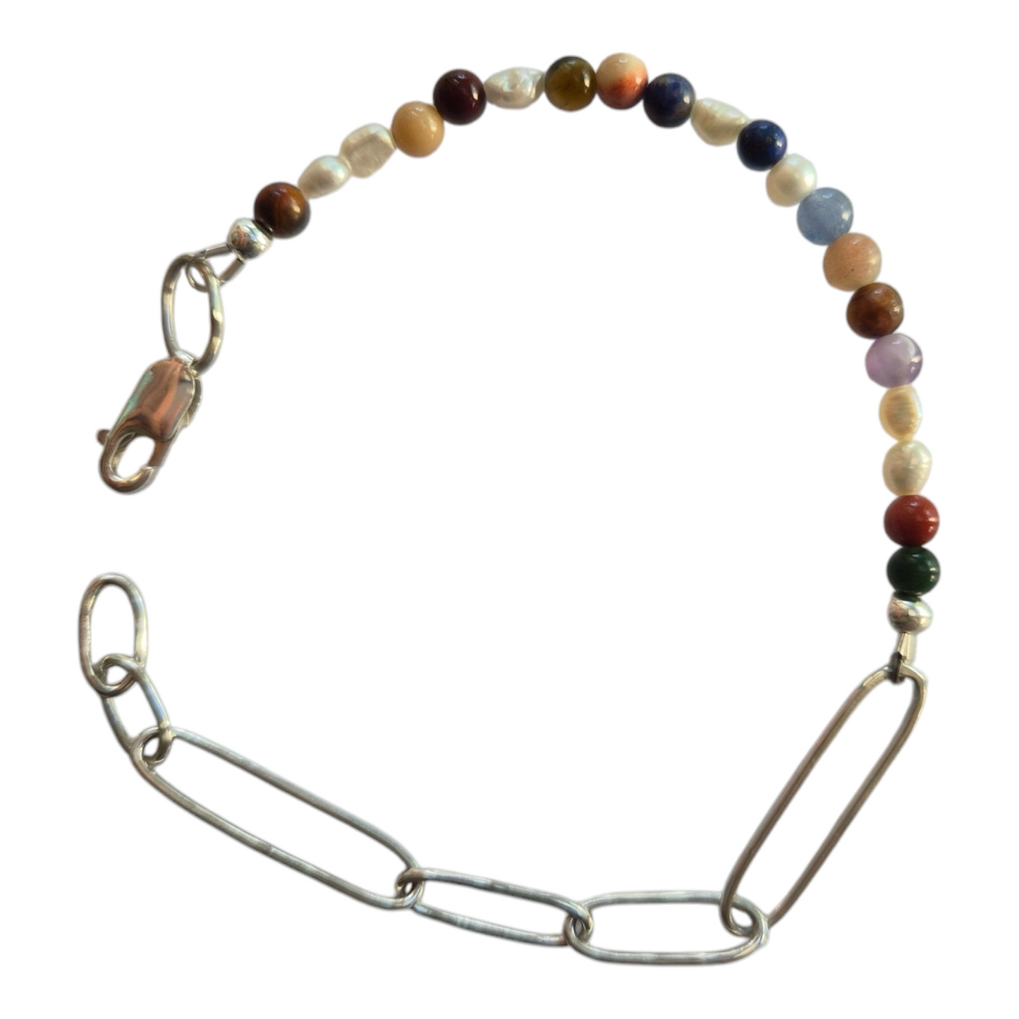 Mixed Gemstone Bead with Keishi pearls and Silver Paperclip chain